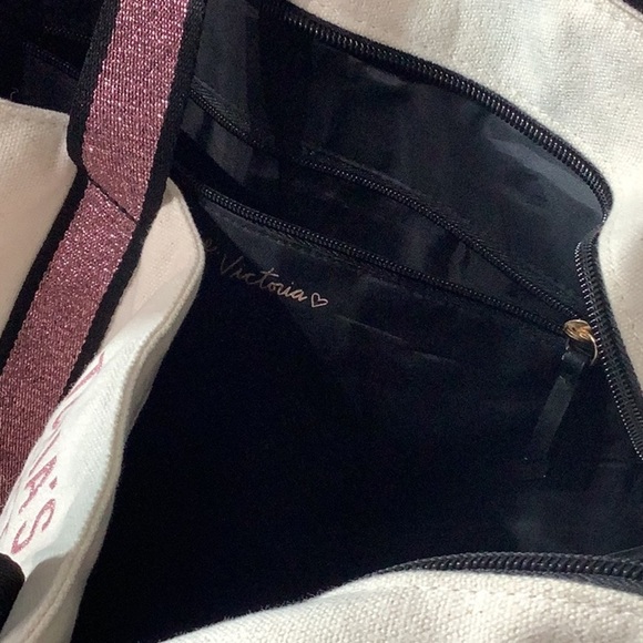 Victoria’s Secret - cream canvas pink glitter weekender bag - no shoulder strap - Picture 4 of 8